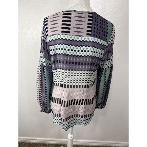 Hale Bob Women's S Silk Blouse Purple Multi Geometric Balloon Sleeve Chiffon EUC - Picture 7 of 15